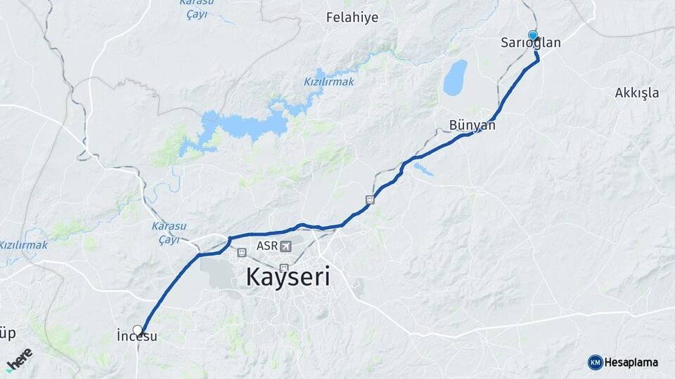 Kayseri Sarıoğlan İncesu Arası Kaç Km - Yol Haritası