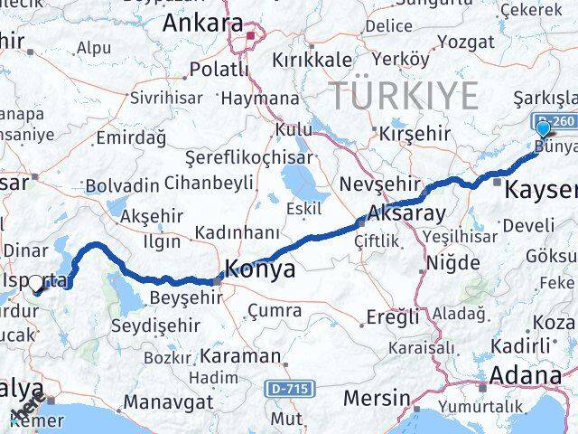 Kayseri Sarıoğlan Isparta Arası Kaç Km - Yol Haritası