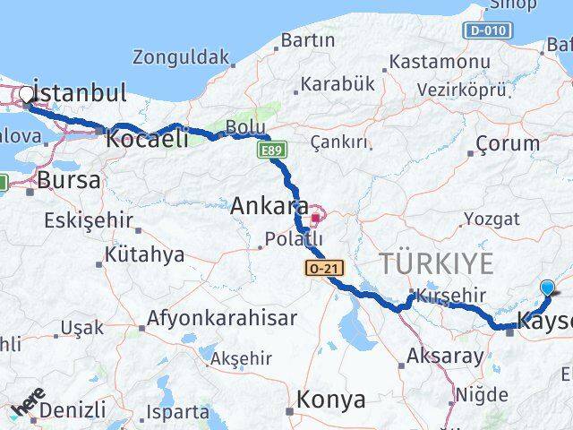 Kayseri Sarıoğlan İstanbul Arası Kaç Km - Yol Haritası