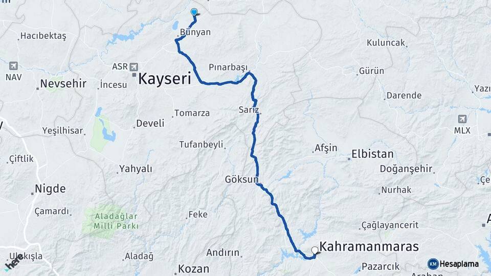 Kayseri Sarıoğlan Kahramanmaraş Arası Kaç Km - Yol Haritası