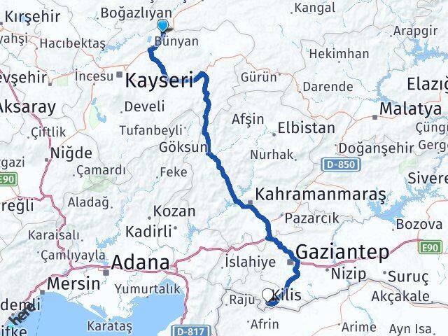 Kayseri Sarıoğlan Kilis Arası Kaç Km - Yol Haritası