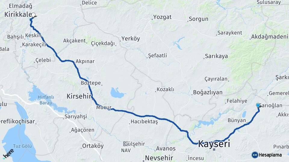 Kayseri Sarıoğlan Kırıkkale Arası Kaç Km - Yol Haritası