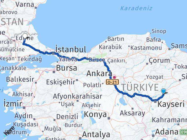 Kayseri Sarıoğlan Kırklareli Arası Kaç Km - Yol Haritası