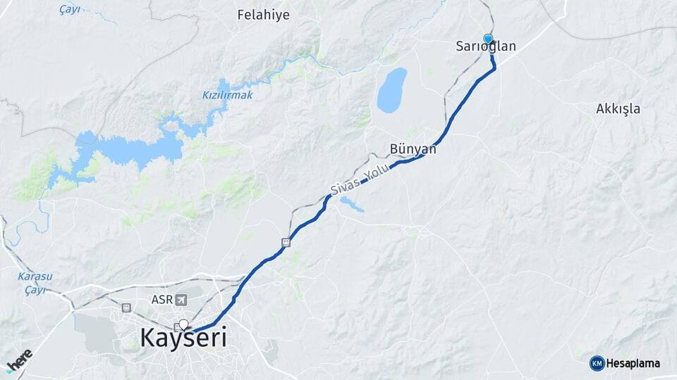 Kayseri Sarıoğlan Kocasinan Arası Kaç Km - Yol Haritası