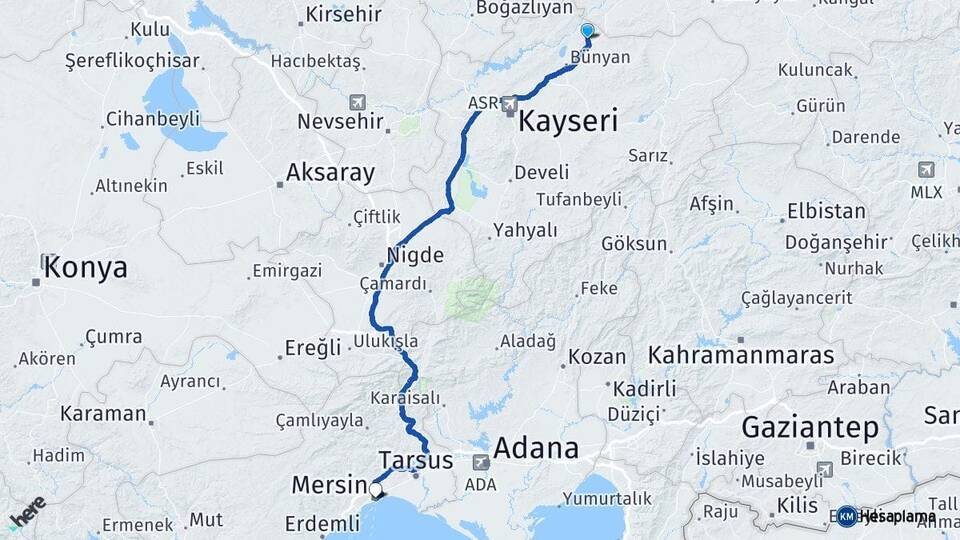 Kayseri Sarıoğlan Mersin Arası Kaç Km - Yol Haritası