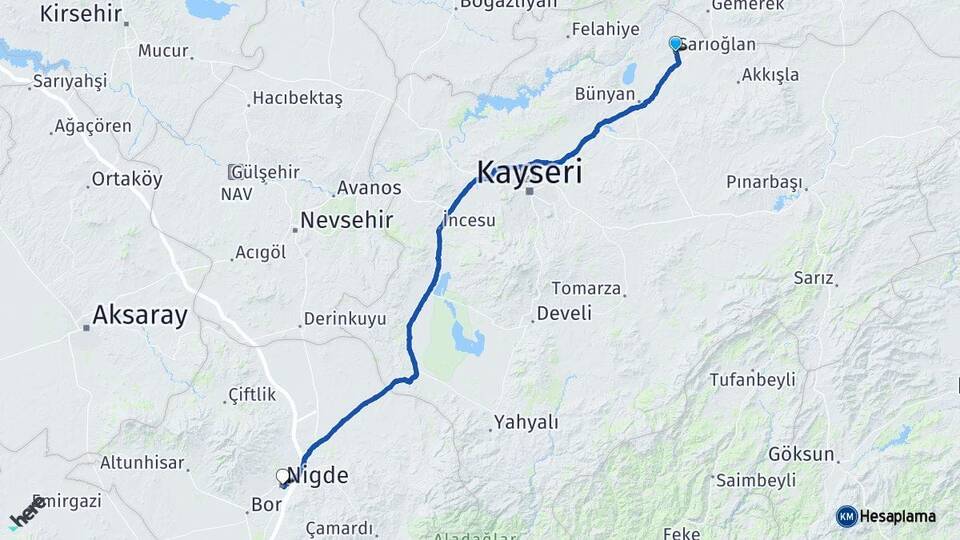 Kayseri Sarıoğlan Niğde Arası Kaç Km - Yol Haritası
