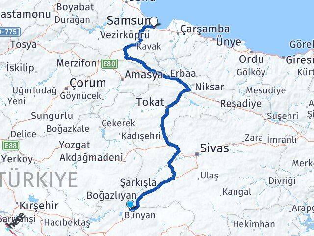 Kayseri Sarıoğlan Samsun Arası Kaç Km - Yol Haritası