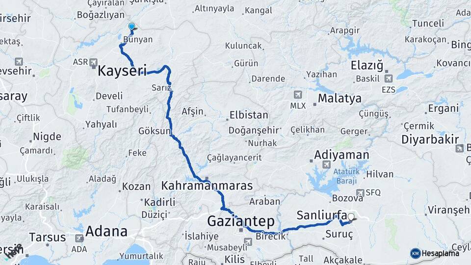 Kayseri Sarıoğlan Şanlıurfa Arası Kaç Km - Yol Haritası
