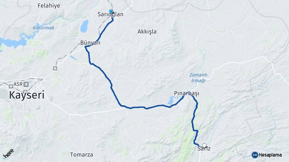 Kayseri Sarıoğlan Sarız Arası Kaç Km - Yol Haritası