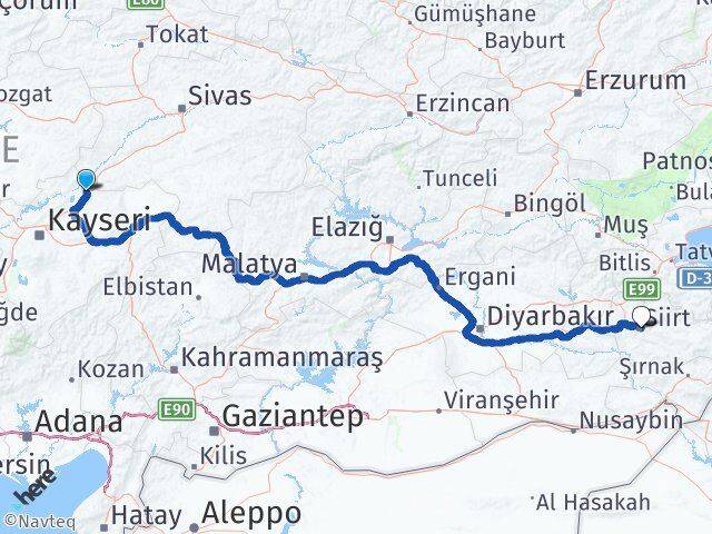 Kayseri Sarıoğlan Siirt Arası Kaç Km - Yol Haritası