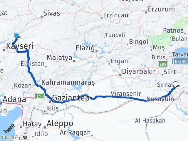 Kayseri Sarıoğlan Şırnak Arası Kaç Km - Yol Haritası
