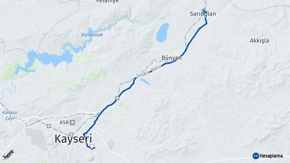 Kayseri Sarıoğlan Talas Arası Kaç Km - Yol Haritası