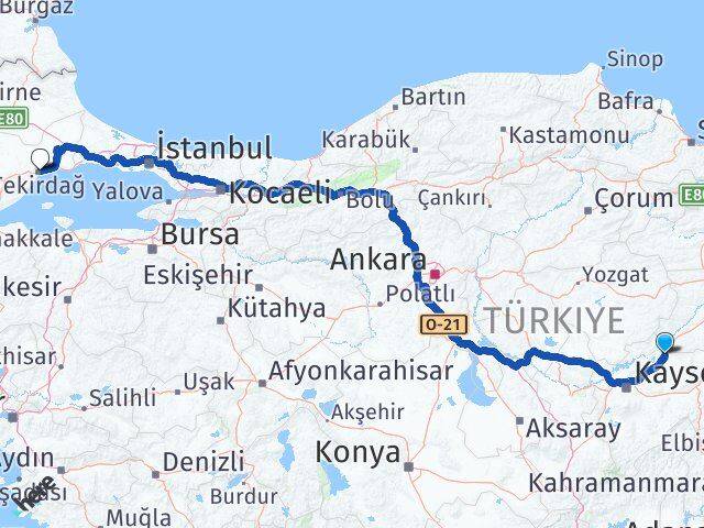 Kayseri Sarıoğlan Tekirdağ Arası Kaç Km - Yol Haritası