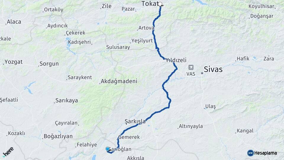 Kayseri Sarıoğlan Tokat Arası Kaç Km - Yol Haritası