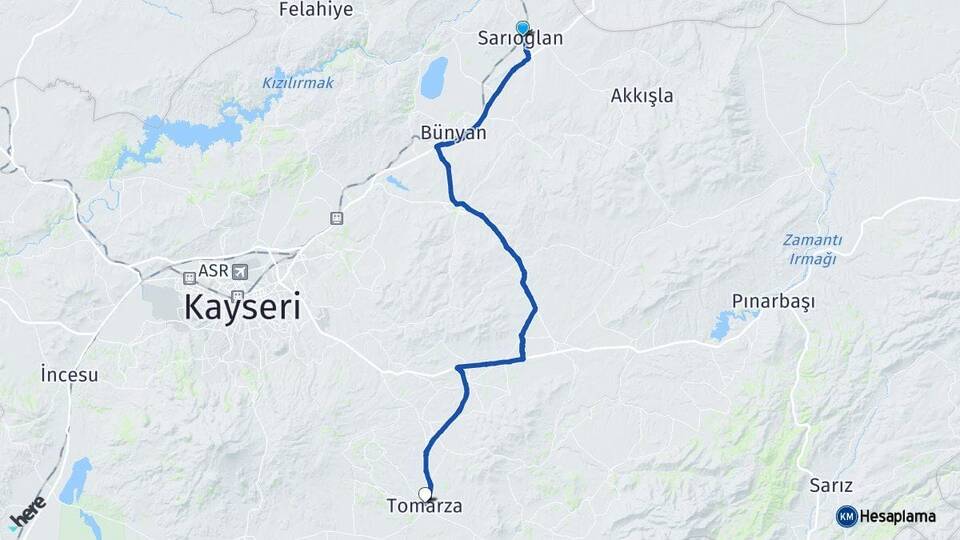 Kayseri Sarıoğlan Tomarza Arası Kaç Km - Yol Haritası