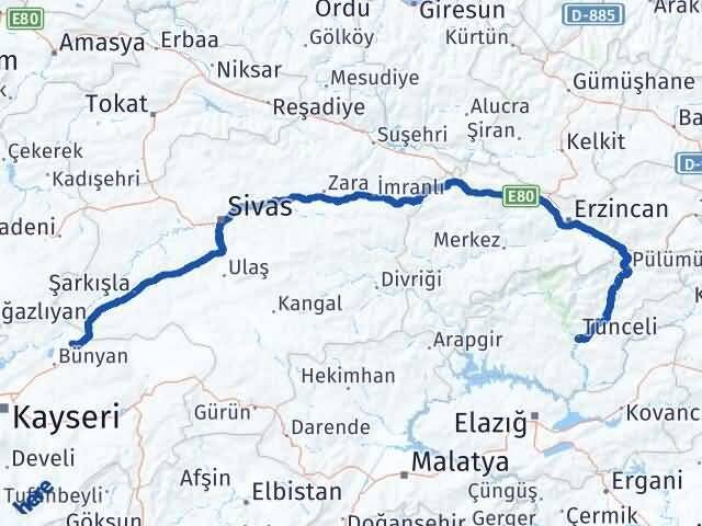 Kayseri Sarıoğlan Tunceli Arası Kaç Km - Yol Haritası