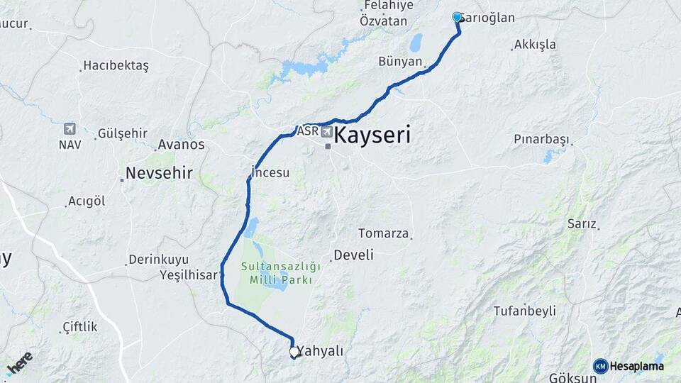 Kayseri Sarıoğlan Yahyalı Arası Kaç Km - Yol Haritası