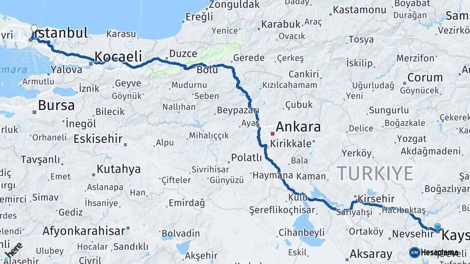 Kayseri Sarıyer İstanbul Arası Kaç Km - Yol Haritası