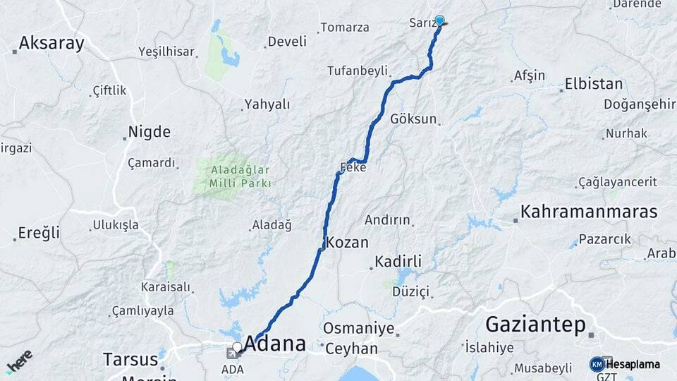 Kayseri Sarız Adana Arası Kaç Km - Yol Haritası