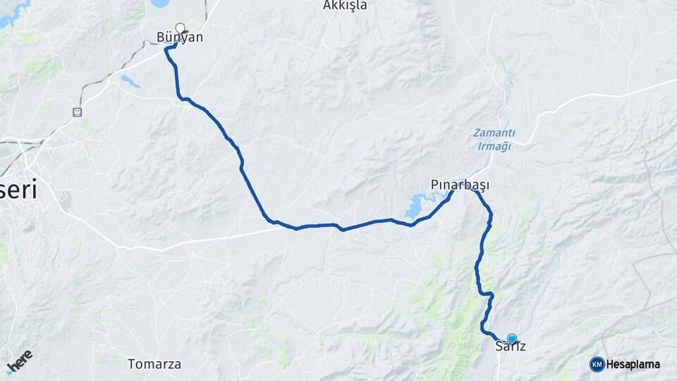 Kayseri Sarız Bünyan Arası Kaç Km - Yol Haritası