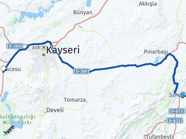 Kayseri Sarız İncesu Arası Kaç Km - Yol Haritası