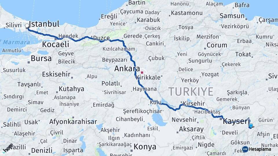 Kayseri Sarız İstanbul Arası Kaç Km - Yol Haritası