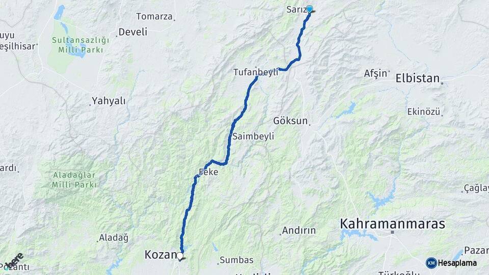 Kayseri Sarız Kozan Adana Arası Kaç Km - Yol Haritası