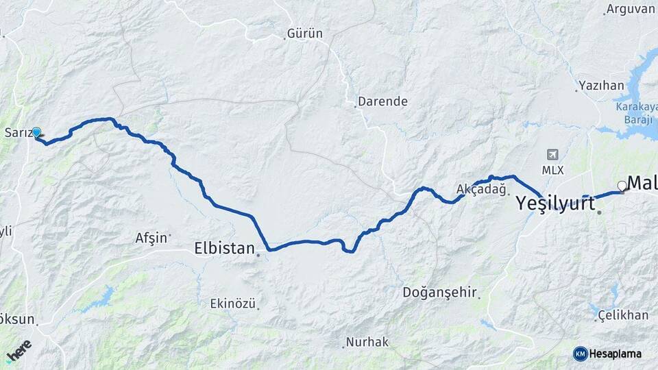 Kayseri Sarız Malatya Arası Kaç Km - Yol Haritası