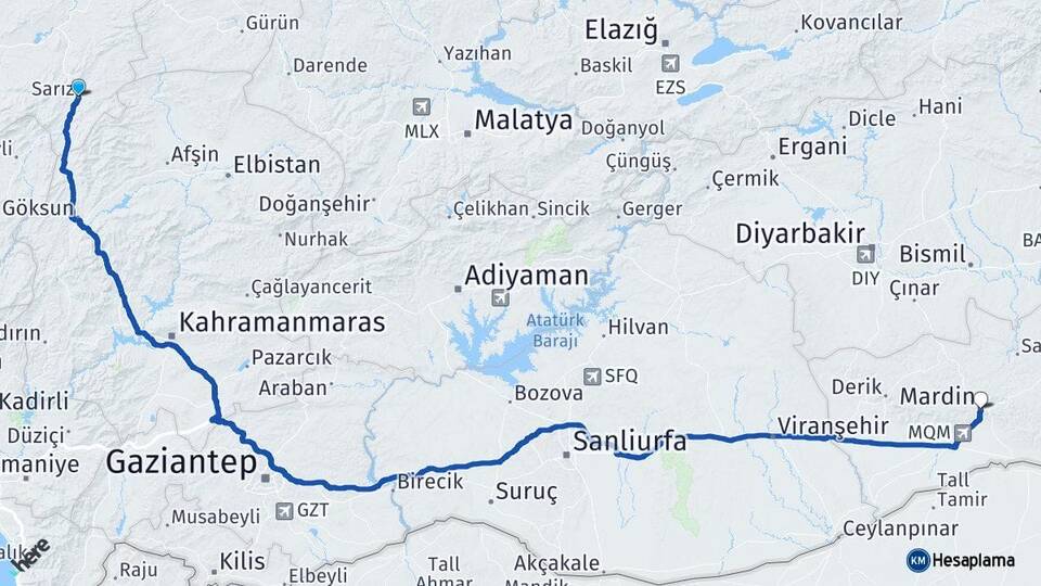 Kayseri Sarız Mardin Arası Kaç Km - Yol Haritası