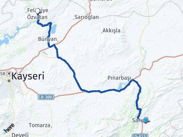 Kayseri Sarız Özvatan Arası Kaç Km - Yol Haritası