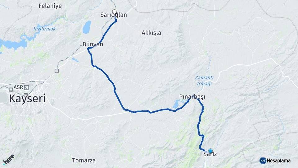 Kayseri Sarız Sarıoğlan Arası Kaç Km - Yol Haritası