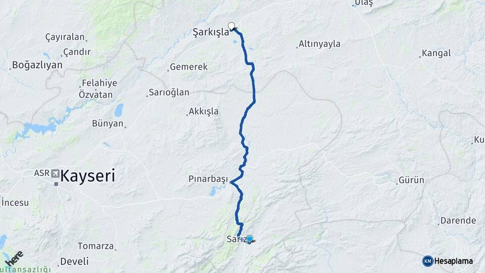 Kayseri Sarız Şarkışla Sivas Arası Kaç Km - Yol Haritası
