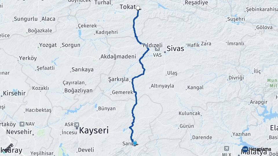 Kayseri Sarız Tokat Arası Kaç Km - Yol Haritası