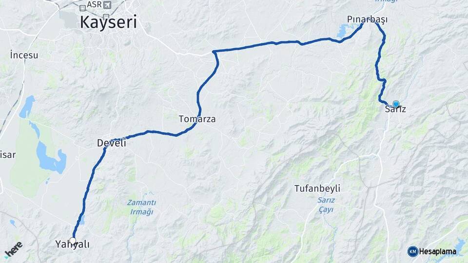 Kayseri Sarız Yahyalı Arası Kaç Km - Yol Haritası
