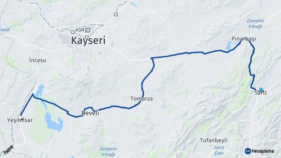 Kayseri Sarız Yeşilhisar Arası Kaç Km - Yol Haritası