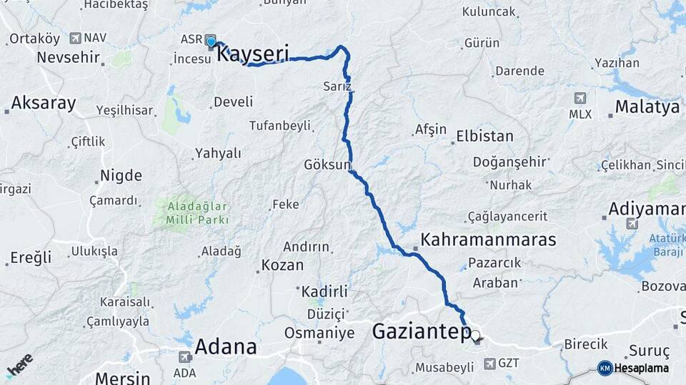 Kayseri Şehitkamil Gaziantep Arası Kaç Km - Yol Haritası
