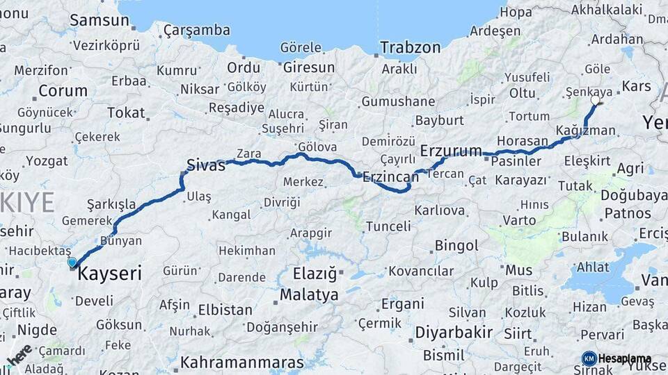 Kayseri Selim Kars Arası Kaç Km - Yol Haritası