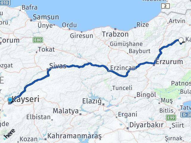 Kayseri Şenkaya Erzurum Arası Kaç Km - Yol Haritası
