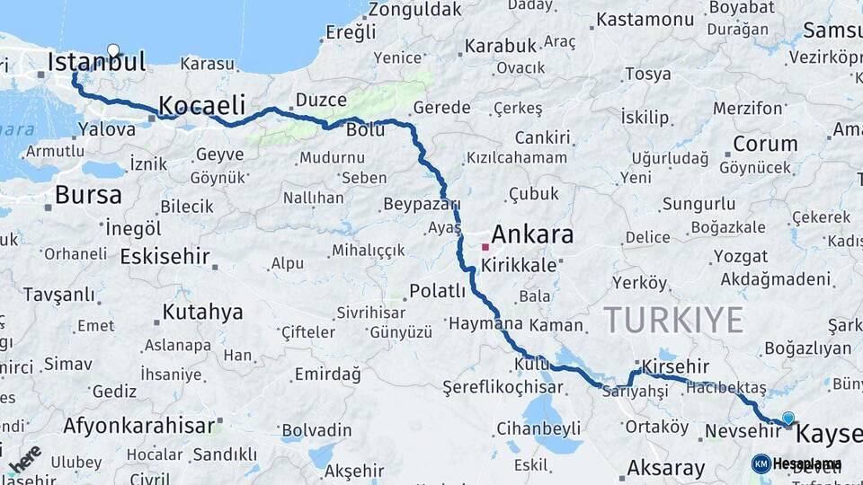 Kayseri Şile İstanbul Arası Kaç Km - Yol Haritası