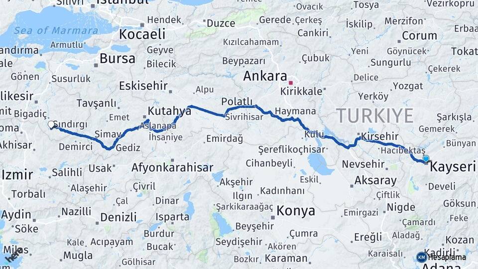 Kayseri Sındırgı Balıkesir Arası Kaç Km - Yol Haritası