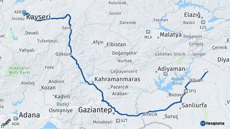 Kayseri Siverek Şanlıurfa Arası Kaç Km - Yol Haritası