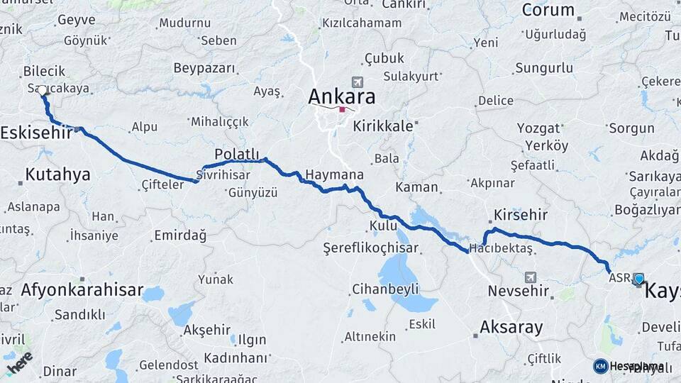 Kayseri Söğüt Bilecik Arası Kaç Km - Yol Haritası