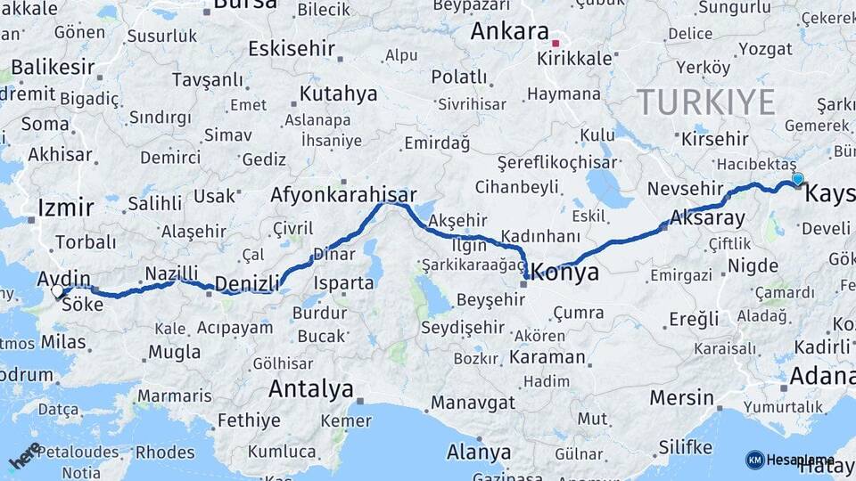 Kayseri Söke Aydın Arası Kaç Km - Yol Haritası
