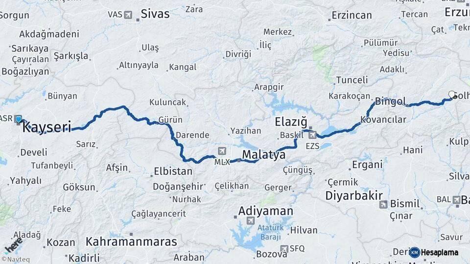 Kayseri Solhan Bingöl Arası Kaç Km - Yol Haritası