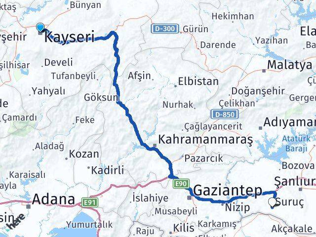 Kayseri Suruç Şanlıurfa Arası Kaç Km - Yol Haritası