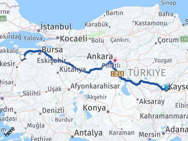 Kayseri Susurluk Balıkesir Arası Kaç Km - Yol Haritası
