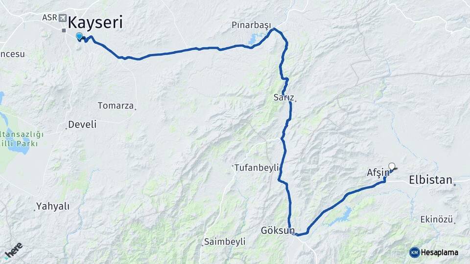 Kayseri Talas Afşin Kahramanmaraş Arası Kaç Km - Yol Haritası