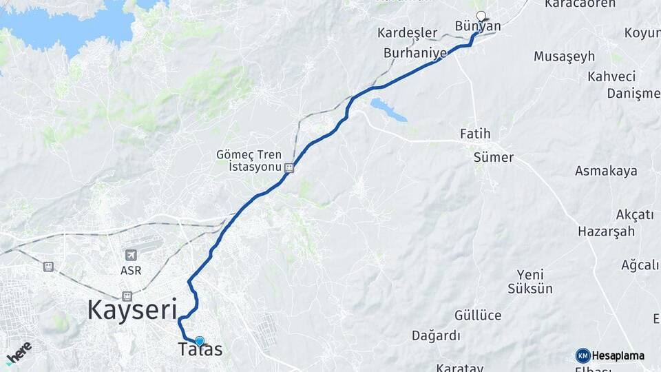 Kayseri Talas Bünyan Arası Kaç Km - Yol Haritası