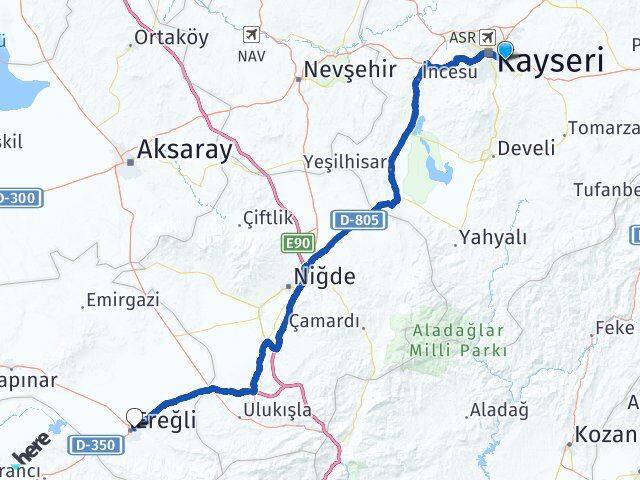 Kayseri Talas Ereğli Konya Arası Kaç Km - Yol Haritası