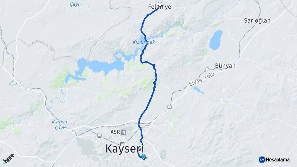 Kayseri Talas Felahiye Arası Kaç Km - Yol Haritası